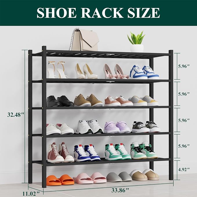 Smiry Long Bamboo Shoe Rack, 5 Tier Free Standing Wooden Shoe Organizer, Stackable Wood Shoe Storage Shelf for Closet, Entryway, 14 Vertical Slats, 2+2+1 Stack Thicker Legs, 33.7"x11"x32.5", Black