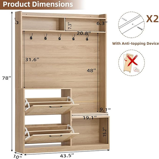 LEYAOYAO 78" Tall Boho Hall Tree with Bench & Shoe Storage, 4-in-1 Mudroom Rattan Coat Rack with 2 Flip Drawers & Cushioned Stool, Entryway Hall Tree Cabinet with 6 Hooks for Garage, Natural Oak