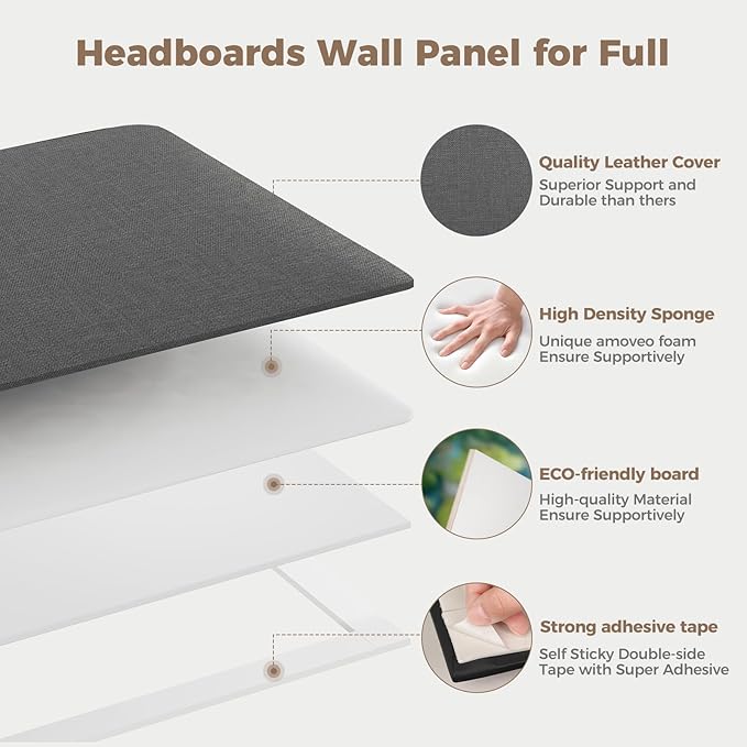 Industrial Dark Gray Linen Non-Adhesive Headboard 24x12 Inch 6-Panel Kit - Peel and Stick Design for Queen Beds, Temporary Space Solution