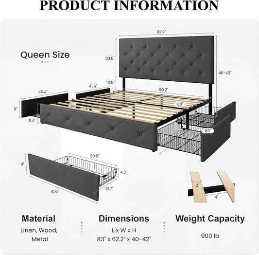 SHA CERLIN Upholstered Queen Size Platform Bed Frame with 4 Storage Drawers, Adjustable Headboard with Diamond Stitched Button Tufted Design, Wooden Slat Support, No Box Spring Needed, Dark Grey