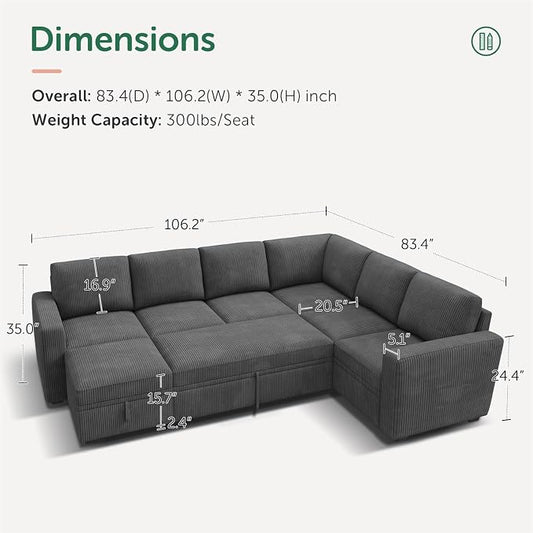 HONBAY Modular Sectional Couch with Pull Out Bed, Corduroy Sleeper Sofa with Storage Ottoman, U Shaped Sectional Couches for Living Room, Dark Grey