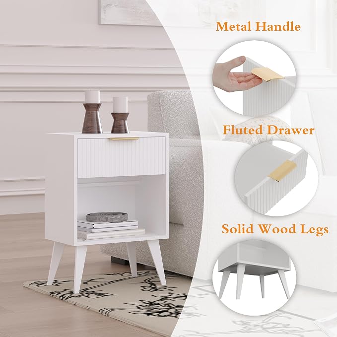 YAUKOMEL Fluted Night Stand with Opening Storage,Mid Century Bedside Table with Drawer,Modern Nightstand with Solid Wood Legs,End Table Side Table for Living Room,Bedroom,White CTG56W