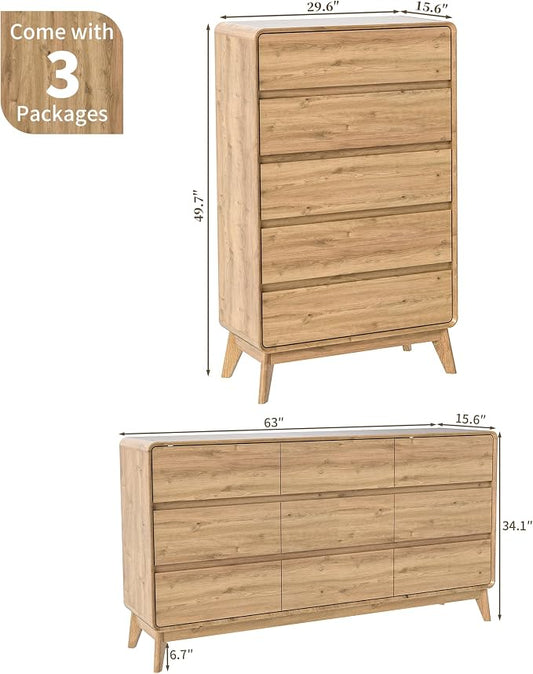 2-Piece Farmhouse Bedroom Dresser Set, Tall 5-Drawer Chest & 9-Drawer Dresser, Handle-Less Design, Rounded Corners, Anti-Tip Safety Furniture, Wooden Bedroom Storage Cabinet, Natural