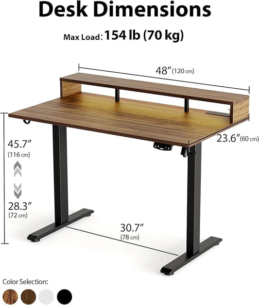 Agilestic 48x24 Inch Electric Standing Desk with Shelf, Height Adjustable Desk with Power Outlets & LED, Sit Stand Up Table with Monitor Stand, Computer Workstation, Dark Walnut