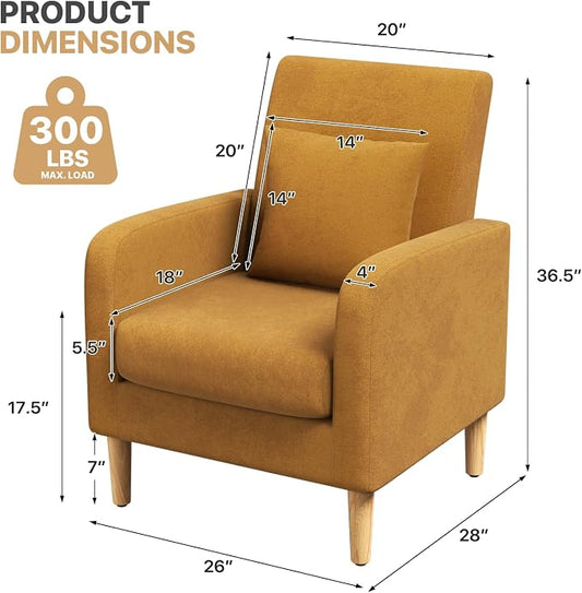 Magshion Accent Chair for Living Room, Comfy Mid-Century Reading Chair for Bedroom, Upholstered Linen Fabric Armchair Single Sofa with Back Pillow & Wood Legs, 300 lbs Capacity, Yellow