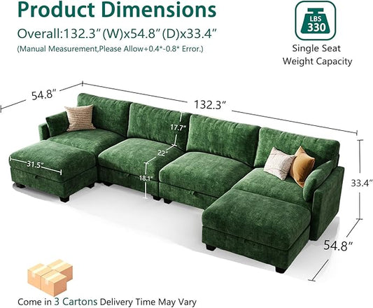 Modular Sectional U Shaped Sofa Couches for Living Room, Cloud Couch with Storage Ottoman, Comfy Chenille Sofa with Pillow, Green
