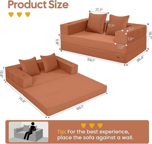 COMAX Futon Sofa Bed, Convertible Sofa Bed, Folding Boneless Couches | Boneless Couch for living room, Fold Out Small Foldable Loveseat Floor Sleeper Mattress Lounge Space‑Saving, Light Orange