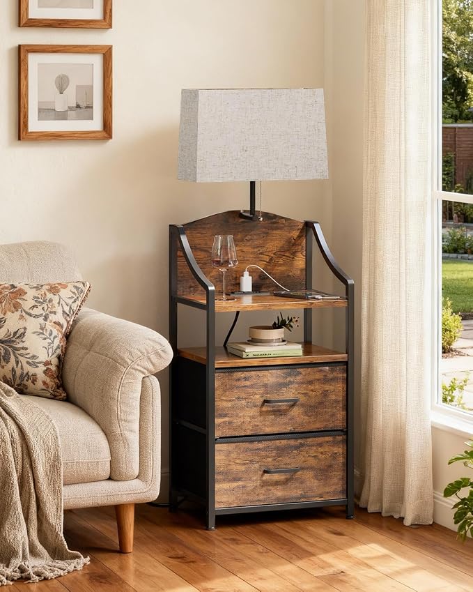 Evermagin 45" Tall Nightstand with Charging Station & Light, Night Stand with 2 Fabric Drawer & Storage Shelf, Bedside Table End Table with USB Ports and Outlets for Bedroom, Dorm, Rustic Brown