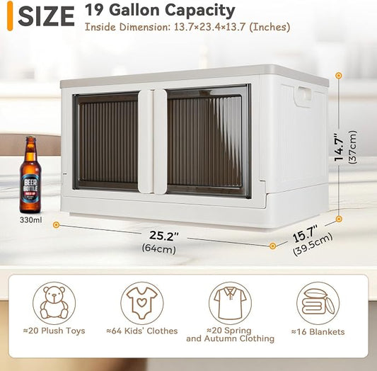 Storage Bin, Cabinet with Lids, Extra Large, Useful Box, 19 Gallon (72L) Capacity, Foldable, Plastic, Underbed or Countertop Use, Excellent Home Organizer