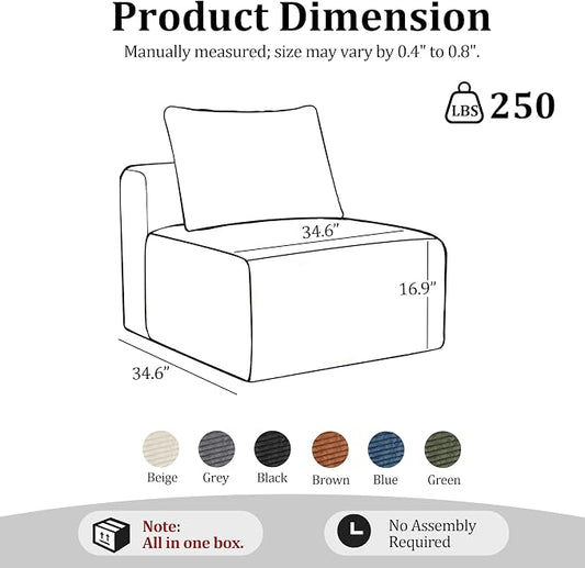 34.6”Modular Sectional Armless Middle Sofa Seat Boneless Corduroy Cloud Chair for Living Room,Beige