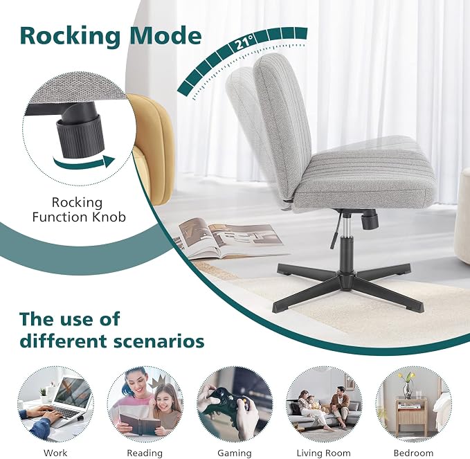 OLIXIS Criss Cross Legged Chairs Armless No Wheels Wide Seat Height Adjustable Swivel Padded Fabric Home Office Desk Seating for Bedroom, Student, Study Room