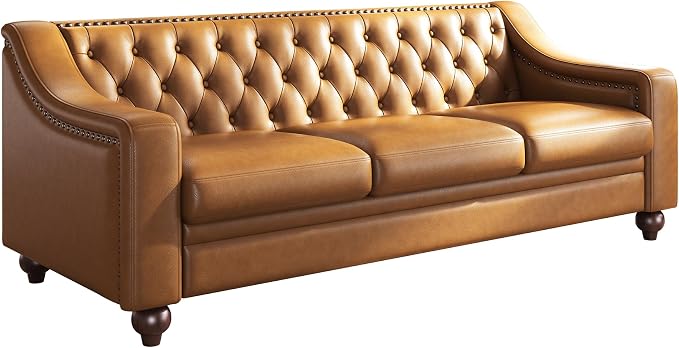 AMERLIFE 80" Leather Sofa, Modern Chesterfield Genuine Leather Sofa, Tufted 3 Seater Brown Leather Couch with Curved Arms, Leather Couches for Living Room