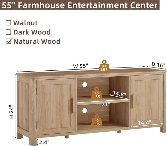 Joaxswe Farmhouse 55" Entertainment Center, Natural Oak Tv Stand with Adjustable Shelves & 2 Door Storage,Wood Media Console Cabinet for TVs Up to 65 inches, Rustic Tv Stands for Living Room,Bedroom