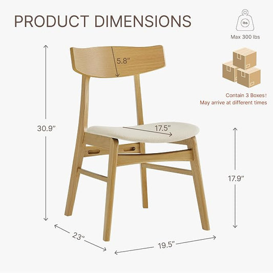 KISLOT Wooden Dining Chairs Set of 6, Upholstered Modern Dining Room Chairs, Mid Century Oak Kitchen Chairs with Curved Wood Backrest for Farmhouse, Restaurant, Café (Cream Fabric & Original Color)