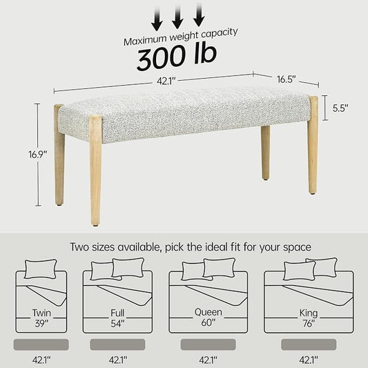 Usaint 42" End of Bed Bench, Modern Upholstered Bedroom Bench with Rubberwood Legs, Entryway Bench with Cushion, Dining Bench for Living Room, Bedroom, Heathered Off-White with Oak Leg