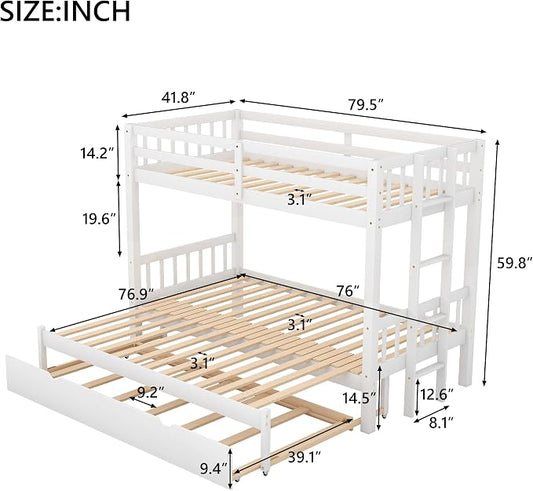 Extendable Bunk Bed with Trundle, Twin Over Double Twin Bunk Bed Frame, Upgraded Version Wooden Bunk Bed with Trundle, Pull-Out Bunk Bed Frame Can Be Extendable, No Spring Box Needed, White