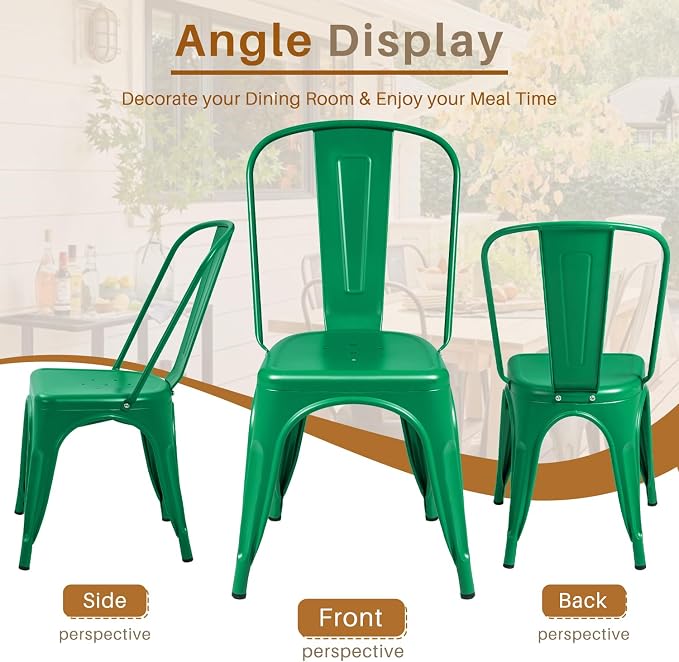Furmax Metal Dining Chair Indoor Outdoor Use Stackable Classic Trattoria Chair Chic Dining Bistro Cafe Side Metal Chairs Set of 4 (Green)