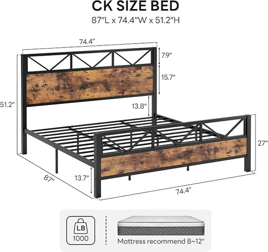 LIKIMIO California King Bed Frame, Tall Industrial Headboard 51.1 ", Platform Bed Frame with Strong Metal Support, Solid and Stable, Noise Free, No Box Spring Needed, Easy Assembly, Vintage Brown