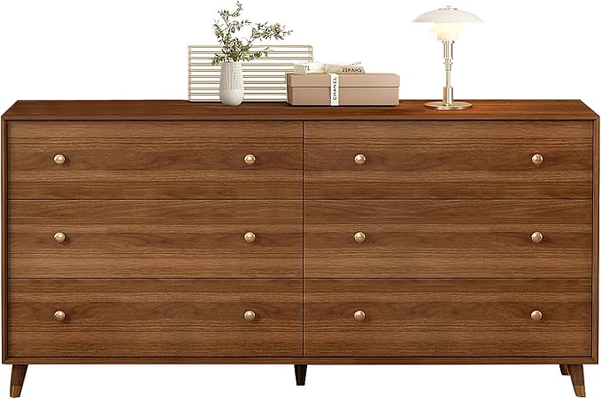 Messenya 6 Drawer Dresser for Bedroom, 55 Inch Walnut Dresser for Closet, Mid Century Wood Chest of Drawers with Natural Texture & Pre-Embedded Slots for TV Stand, Living Room, Hallway, Office