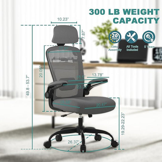 Mimoglad Office Chair, High Back Ergonomic Desk Chair with Adjustable Lumbar Support and Headrest, with flip-up Armrests for Guitar Playing, 5 Years Warranty (Modern, Dim Gray(Black Frame))