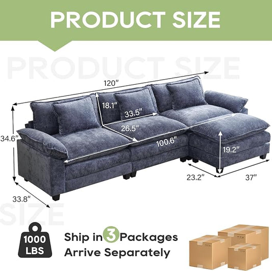 Oprisen 120" Modular Sectional Sofa, Comfy Cloud Couch Sectional Sofa with Ottoman, Chenille Sofa Sleeper Deep Seat Sofa with Throw Pillows for Living Room (Blue, 120"- L Shape)
