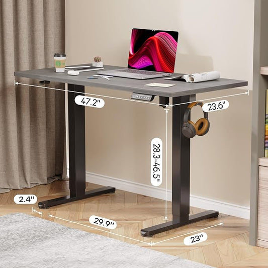 Grey Electric Standing Desk, 48 X 24 Inch Adjustable Height Table, Sit Stand Desk with 2 Hooks, Ergonomic Rising Workstation with Splice Board