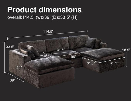 115" Modular Sectional Sofa – Modern Cloud Couch with Deep Chenille Seats, U-Shaped Boneless Sofa, Pet-Friendly, No Assembly, Gray (3 Seater + 2 Ottoman)