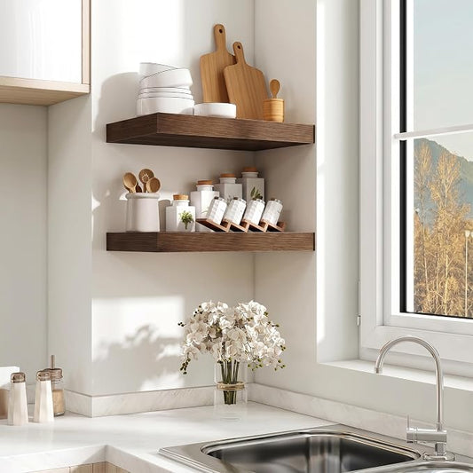 Fun Memories Wood Floating Shelves 16 Inch, 10 Inch Deep Shelves Wall Mount, Wall Shelves with Invisible Bracket, 16" Floating Shelves for Living Room Bathroom Bedroom, Walnut, Set of 2