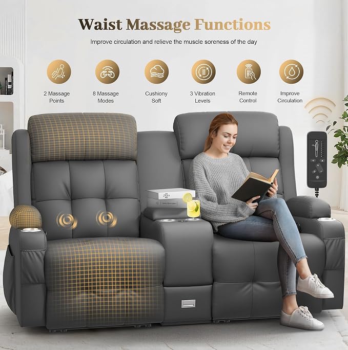 Reclining Loveseat, Massage Loveseat Recliner Sofa Heavy Weight Capacity, RV Love Seat Chair Clearance with Console, USB, Type C Port, Storage, Cup Holders, Wall Hugger Couch for Living Room