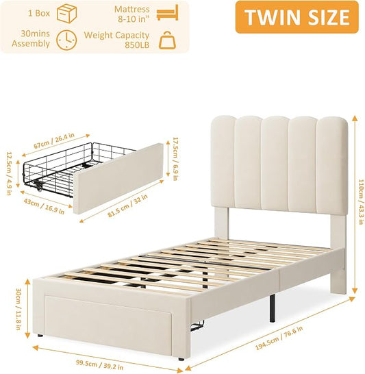 IDEALHOUSE Twin Bed Frame with Storage Drawer and Headboard, Velvet Upholstered Twin Platform Bed Frame for Girls, Strong Wooden Slats Support, Noise-Free, Easy Assembly (Beige)