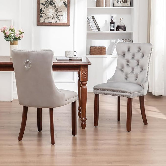 Mid Century Modern Dining Chair Set of 2 Velvet Upholstered Dining Accent Chair Farmhouse Dining Chairs with High Back and Nailhead Trim for Kitchen, Living Room, Bedroom (Light Gray)