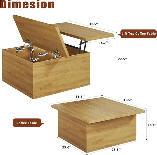 HUAHUU Lift Top Coffee Table, 4 in 1 Square Coffee Table with Storage, 31.5" Coffee Tables with Lifting Top, Center Table with Large Hidden Storage Space for Living Room, Home Office, Natural
