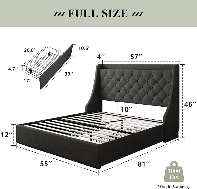 Feonase Upholstered Full Size Bed Frame with 4 Storage Drawers, Charging Station, Tufted Wingback Storage Headboard, No Box Spring Needed, Easy Assembly, Dark Grey