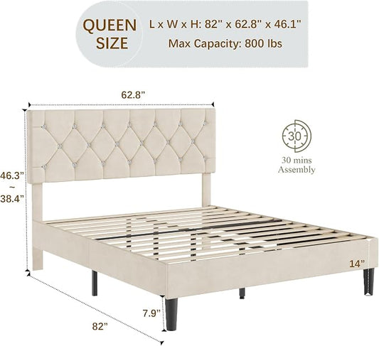 VECELO Queen Size Bed Frame with Diamond Tufted Headboard, Upholstered Platform Bedframe with Wood Slat Support, No Box Spring Needed, Pala Beige