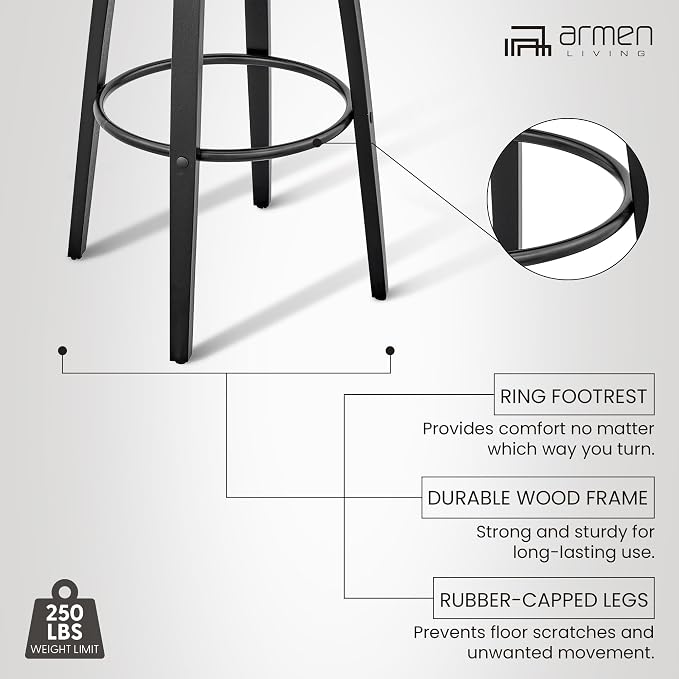 Armen Living Daxton Mid Century Modern Swivel Bar Stool for Kitchen Island Counter in Gray Faux Leather and Black Wood, 26" Seat Height