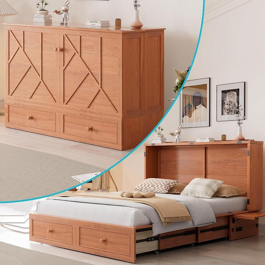 CECER Cherry Murphy Bed Cabinet with Mattress, Space-Saving Folding Bed