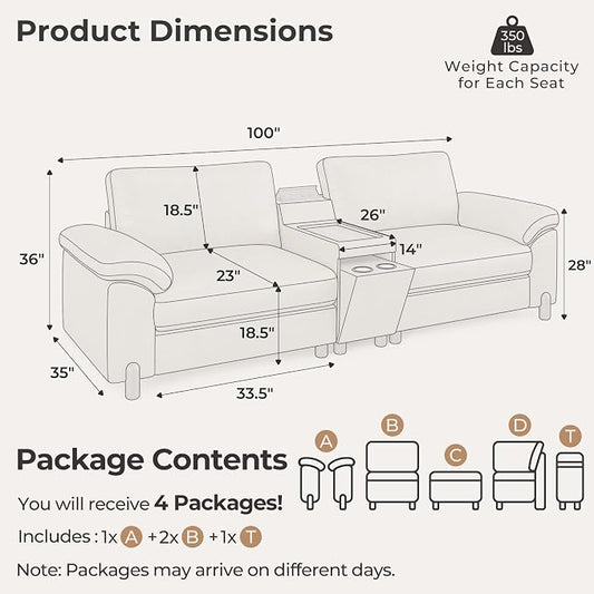 SITJOY Large Cloud Couch, 100" Wide Loveseat Sofa, Faux Leather in White | Pet-Friendly Scratch-Resistant Leather Sectional Sofas for Living Room, Deep Seat Wide Couch with Cuphoders