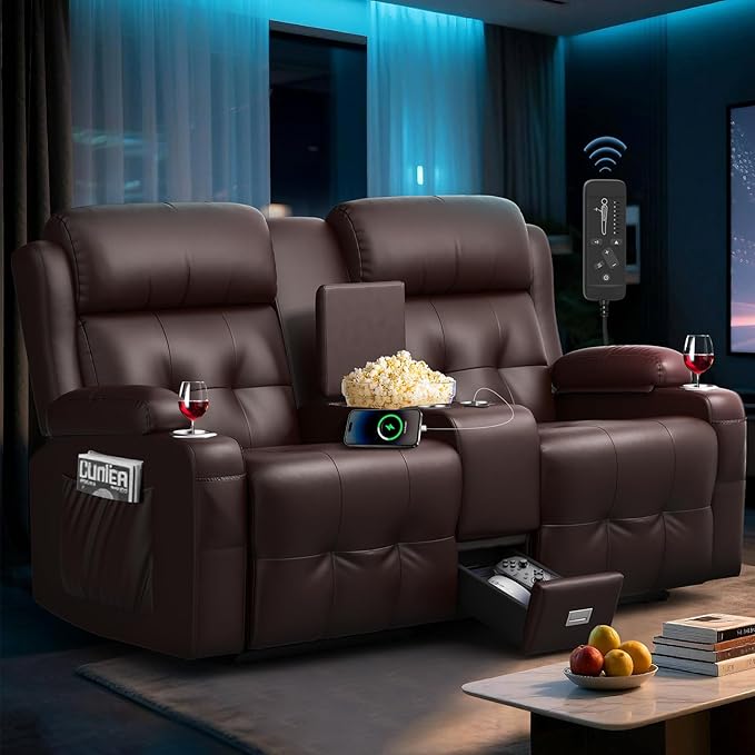 Loveseat Recliner Sofa, Home Theater Seating with Massage, Reclining Loveseats with Console, Wall Hugger RV Couch Movie Theater Chairs, RV Furniture Sofas with USB, Cup Holders, Drawer for Gaming Room