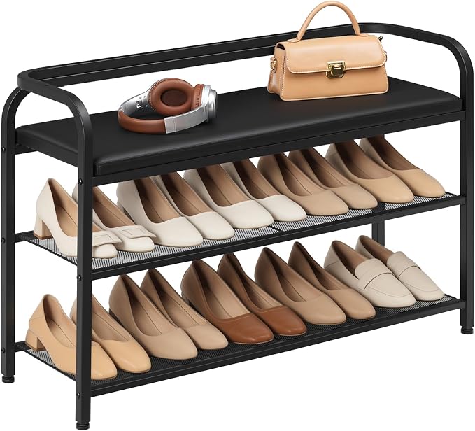 YATINEY Shoe Bench with Backrest, Entryway Bench, 2-Tier Shoe Rack with PU Padded Seat, Upholstered Shoe Storage Bench with Back, for Hallway, Entryway, Foyer, Bedroom, Black HX14BB