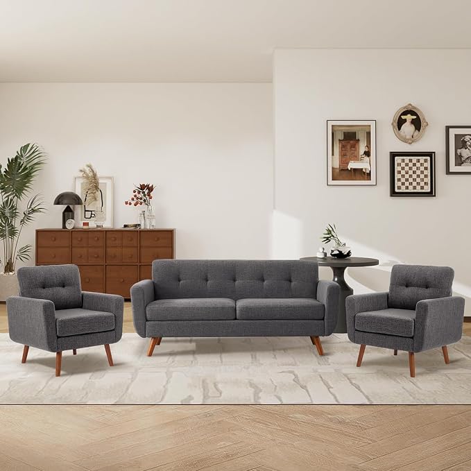 Tbfit Accent Chair, Reading Chair for Living Room & Bedroom, Mid Century Modern Arm Chair, Button Tufted Upholstered Accent Chairs Sofa with Solid Wood Frame, Grey