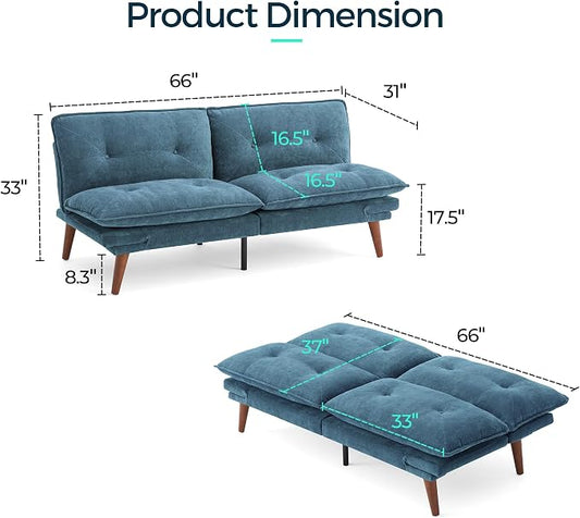 LINSY HOME Futon Sofa Bed, 70" Chenille Futon Couch with Adjustable Backrest Armrest, 3 in 1 Convertible Comfy Loveseat Sleeper Sofa Bed for Small Spaces Dorm Room Apartment Home Office(Blue)