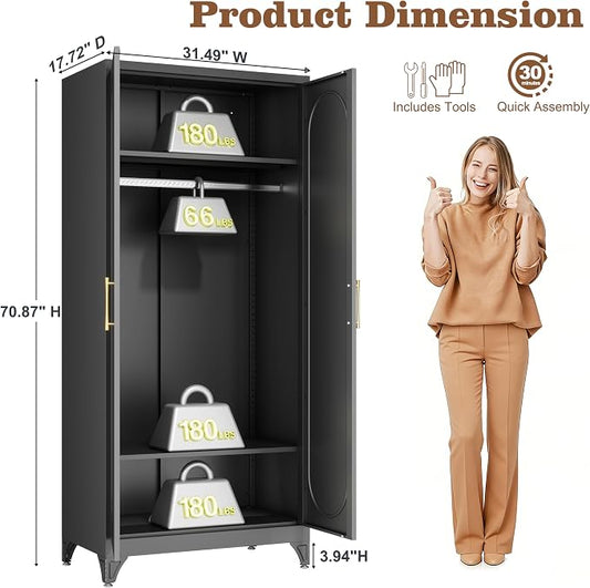 71" Arched Black Metal Wardrobe Closet with Full-Length Mirror, French Elegance Steel Armoire Clothes Storage Cabinet with Hanging Rod & Adjustable Shelves for Bedroom Home Office, 18" Deep