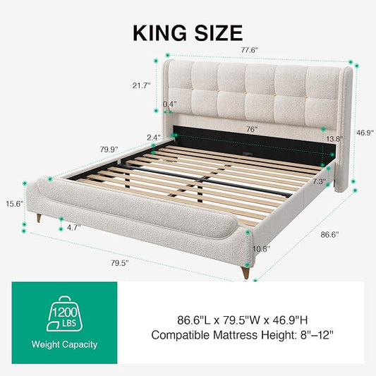 Novilla King Size Bed Frame with Charging Station & LED Lights, Upholstered French Luxury Platform Bed with Wingback Headboard, Lamb Wool Fabric, No Box Spring Needed, Easy Assembly, Cream White