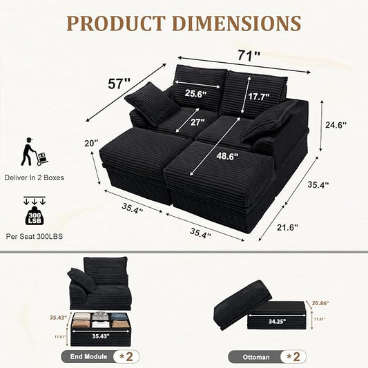 Upgrade Boneless Couch with Storage, Extra Deep&High Seat Modular Sectional Sofa 2 Seater Loveseat Sofa with Ottoman, Tool-Free Assembly Sectional Couches for Living Room Bedroom Apartment