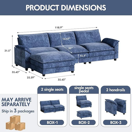 Homall 119" Modular Sectional Sofa, L Shaped Sofa Couch with Reversible Ottoman, DIY Combination Chenille Deep 3-Seat Cloud Couch for Living Room, Apartment (Dark Blue, L Shaped Sofa)