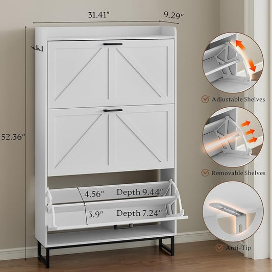 BORNOON Shoe Cabinet with 3 Flip Drawers Narrow Shoe Storage Cabinet Organizer Wooden Freestanding Shoe Rack Hidden Slim Shoes Storage Cabinet for Entryway, Hallway, Living Room, Bedroom
