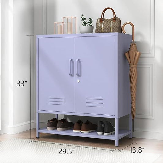 Lockable Metal Shoe Cabinet,Heavy Duty Storage Cabinet with 1 Adjustable Shelves,Purple Metal Storage Cabinet for Home,Entrance,Living Room,Bathroom 33" H X 29.5" W X 13.8" D