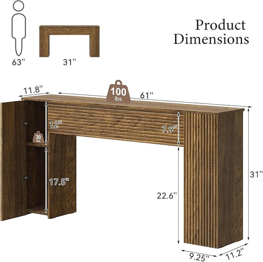FABATO 61'' Fluted Long Console Table, Wooden Rectangular Sofa Table Behind The Couch, Narrow Entryway Table with 2 Hidden Storage Cabinets for Entrance, Hallway, Living Room, Foyer, Brown