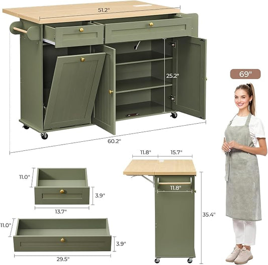 60.2" Kitchen Islands with Storage, Kitchen Island Cart with Trash Can Storage Cabinet, Rolling Kitchen Island Table with Drop Leaf & Power Outlet & Spice Rack & Towel Rack & Knife Holder, Green