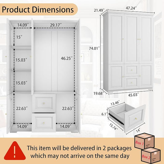Bedroom Armoire Wardrobe Closet with Drawers: White Wardrobe Closet for Hanging Clothes, Large Wardrobes Storage Closets, Wood Closets Cabinets with Doors and Shelves (White, 47")